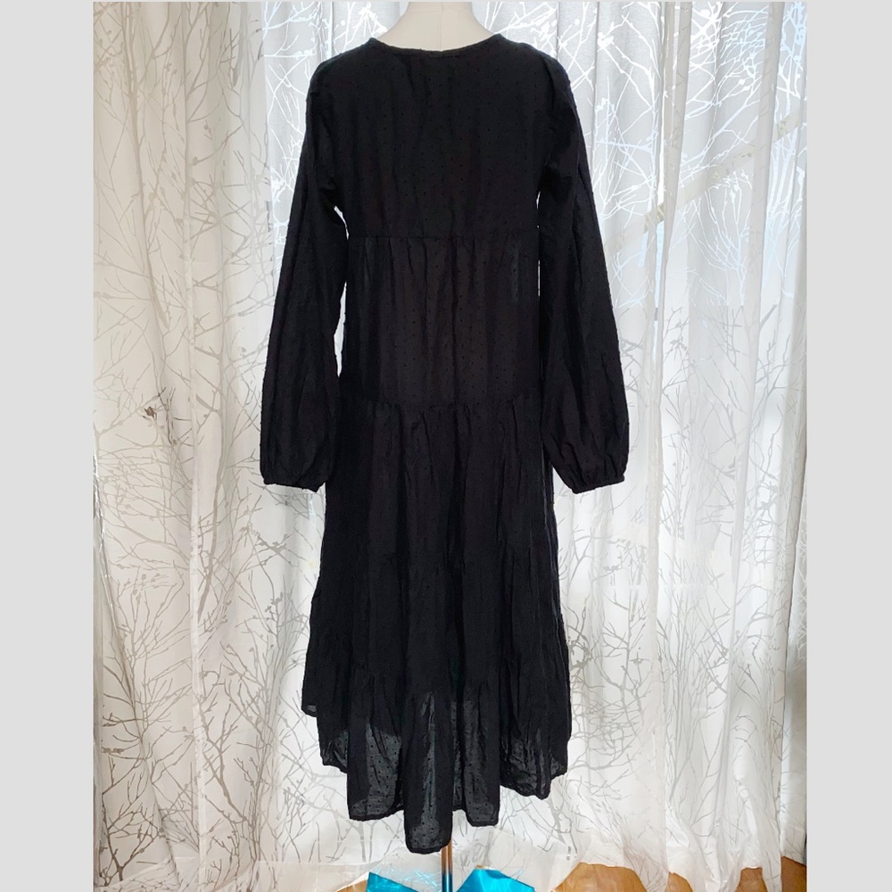 NATALIE MARTIN BLACK COTTON LONG SLEEVE TIERED MAXI DRESS - Picture 6 of 11